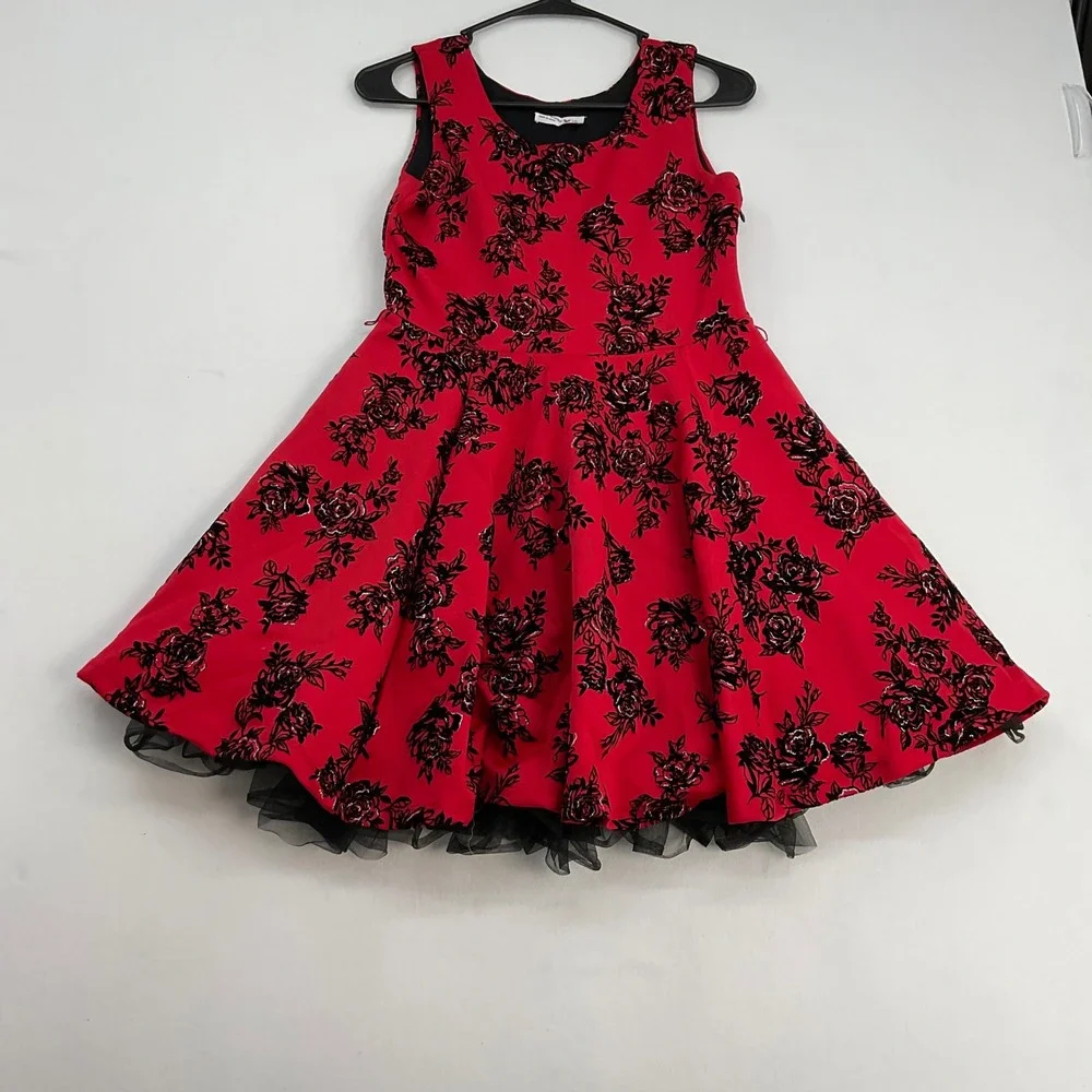 Knit Works Girls Red Black Floral Glitter Dress & Moto Jacket Set‎ Size 14